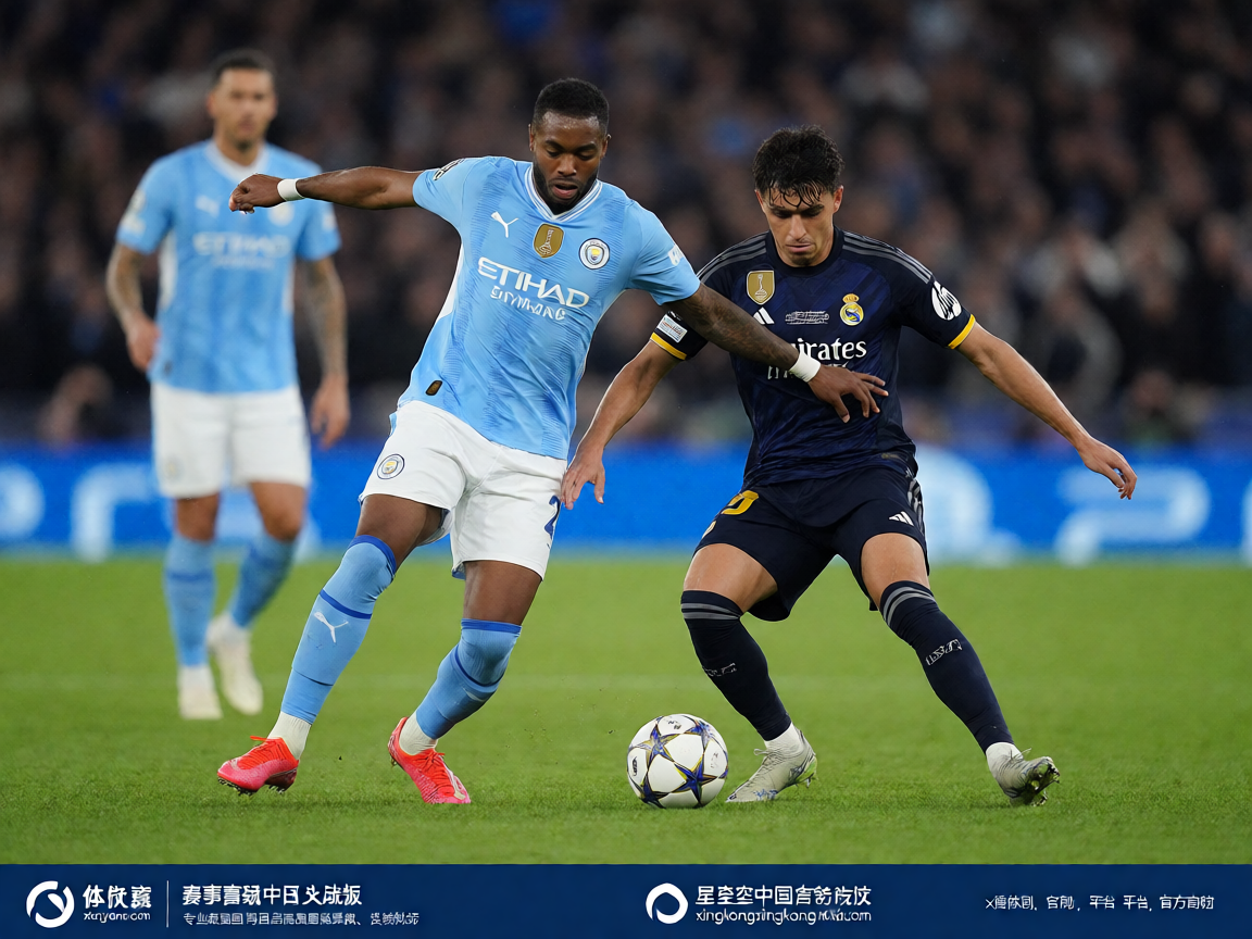 欧冠联赛比赛现场，球员在绿茵场上激烈对抗